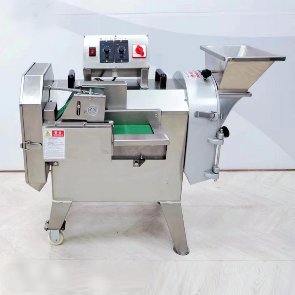 Cận cảnh lưỡi dao bằng thép không gỉ và thân máy bằng Inox 304 của máy thái rau củ công nghiệp.