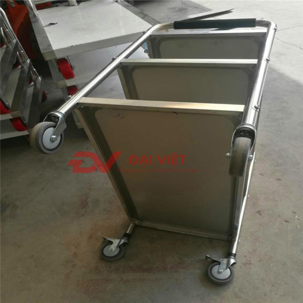 Tùy chọn bánh xe PU chịu tải (trái) và bánh xe cao su giảm ồn (phải) cho xe đẩy inox.