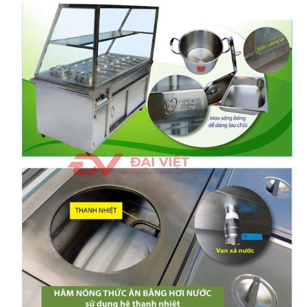 Minh họa tủ hâm nóng thức ăn công nghiệp đang hoạt động trong một quầy buffet nhà hàng.