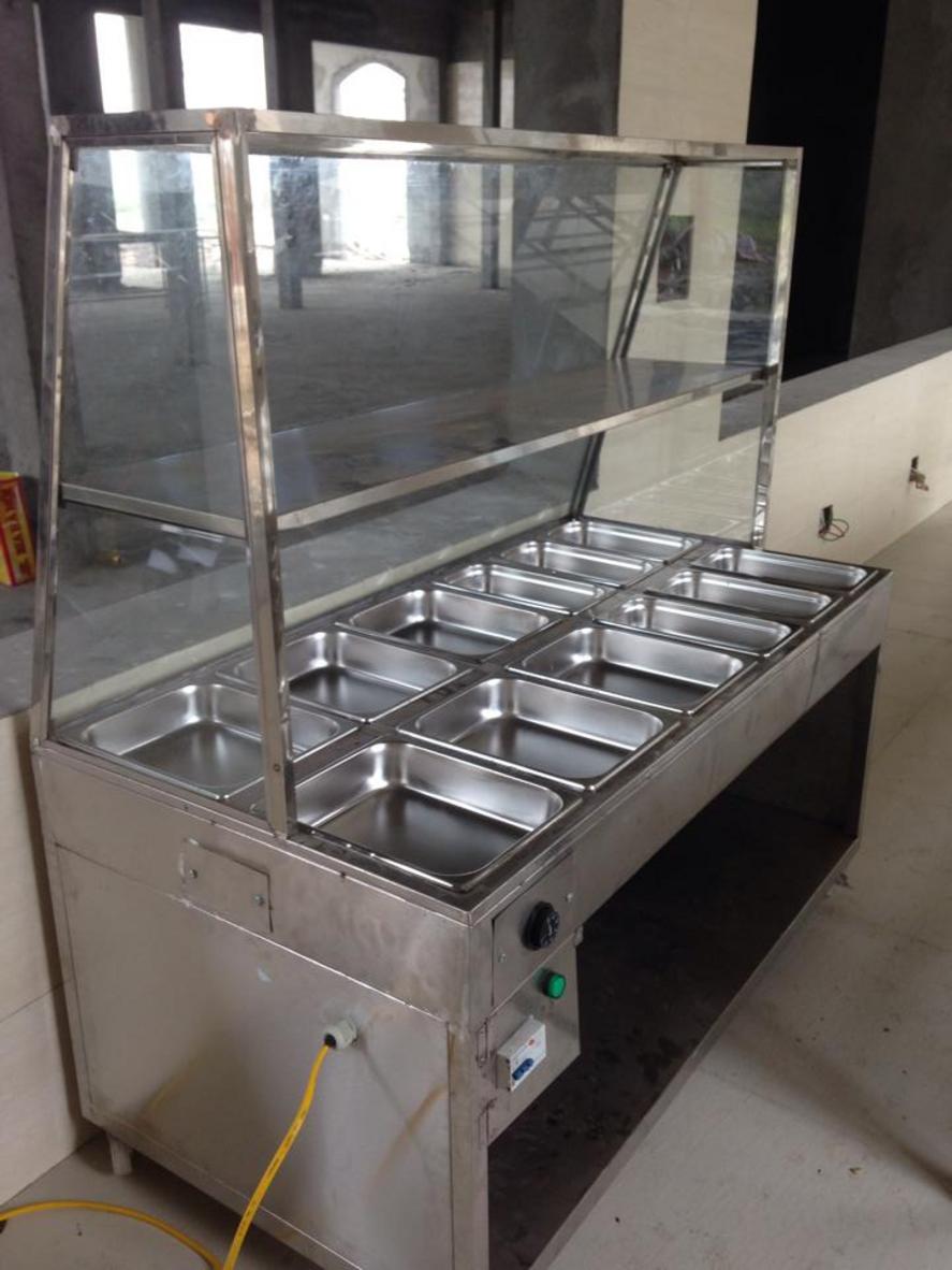 Collage hình ảnh tủ hâm nóng được sử dụng trong căng tin nhà máy, nhà hàng buffet và bệnh viện.