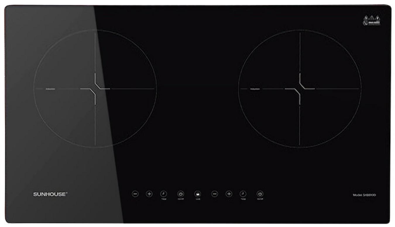 Hình ảnh thực tế Bếp đôi điện từ hồng ngoại SUNHOUSE mama MMB9100VN sản xuất bởi Cơ Khí Hải Minh, thể hiện thiết kế hiện đại và vật liệu cao cấp.