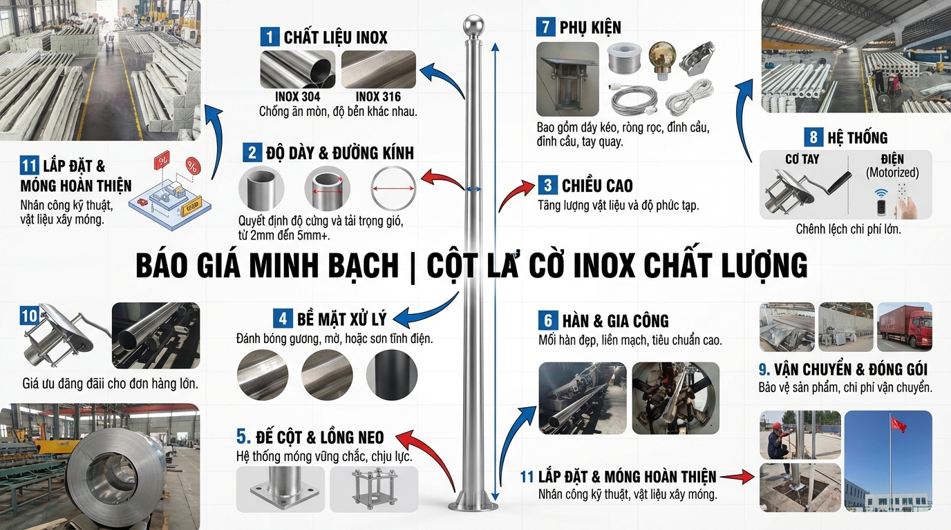 Báo giá Cột cờ Inox phụ thuộc vào yếu tố nào