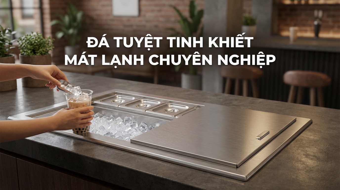 Thùng đá inox có khay topping