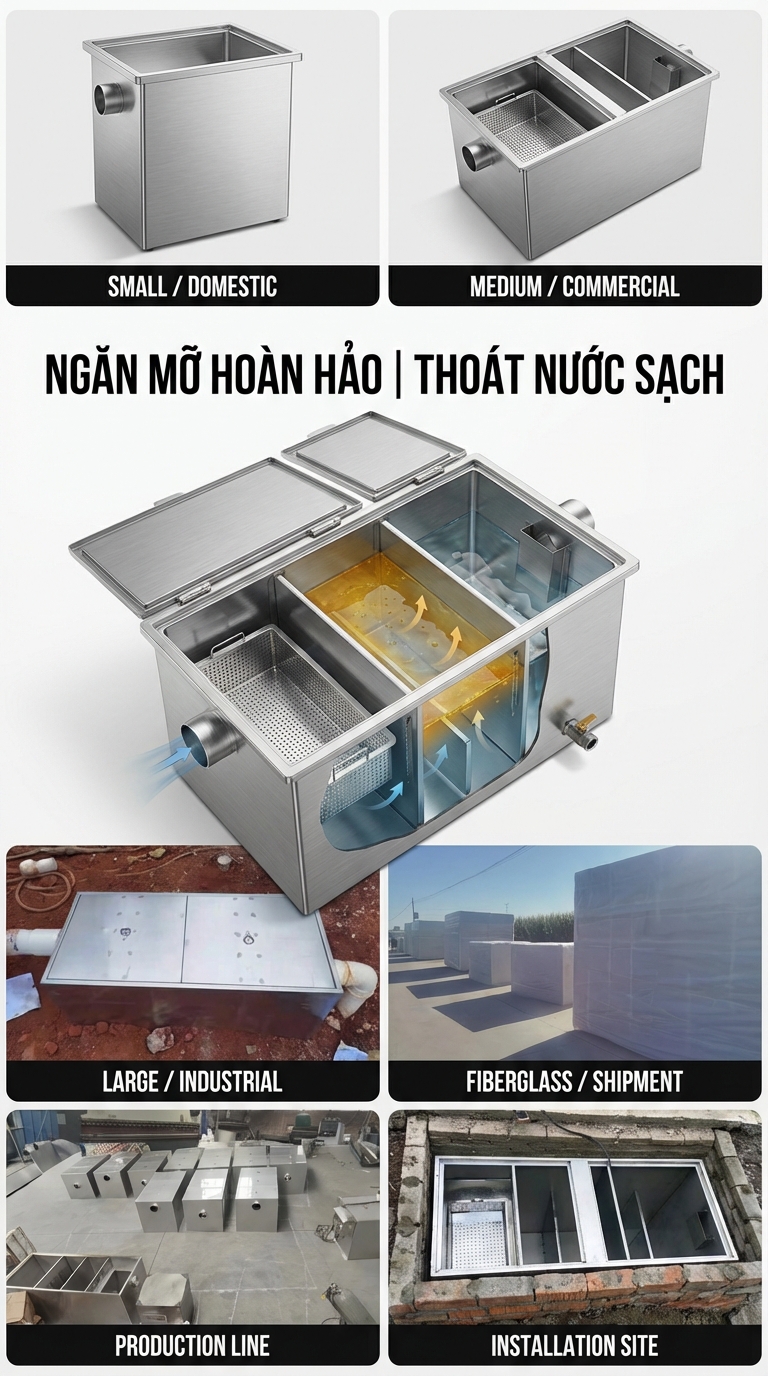 Phân Loại Bể Tách Mỡ Theo Quy Mô, Vật Liệu & Kiểu Lắp Đặt