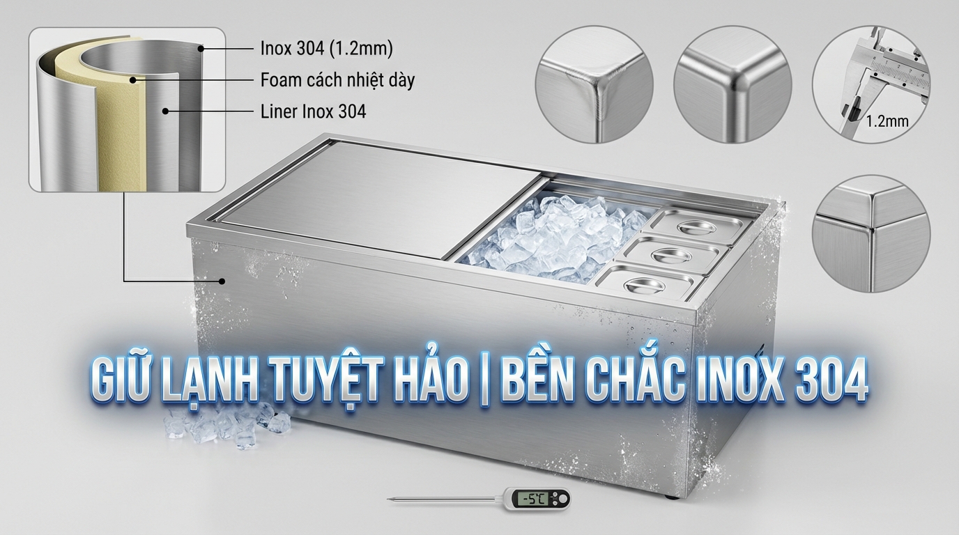 Phân loại thùng đá inox kèm khay topping phổ biến