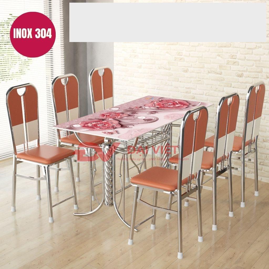 Bộ bàn kính chân inox 6 ghế GC02