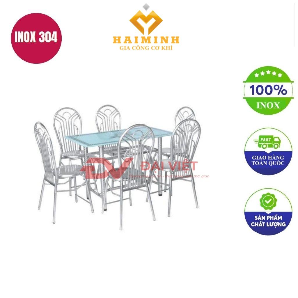 bộ bàn kính chân inox 6 ghế GC13