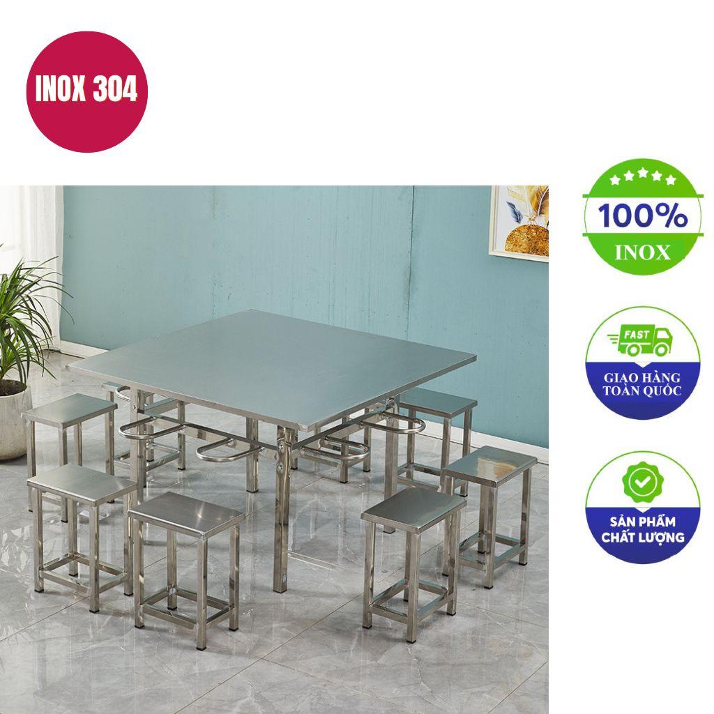 Bàn ăn công nghiệp inox 8 ghế 120x60x75cm